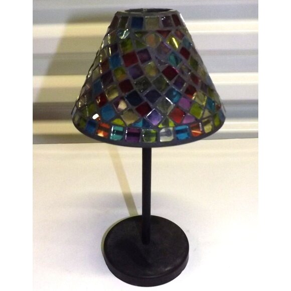 Mosaic Glass Table Votive Lamp Multicolor Stained Glass Shade Metal Base - Picture 6 of 13